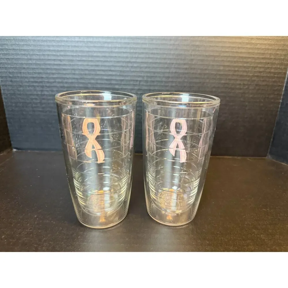 Tervis Pink Breast Cancer Awareness Ribbon Lot of 2 Tumblers 16 oz Insulated